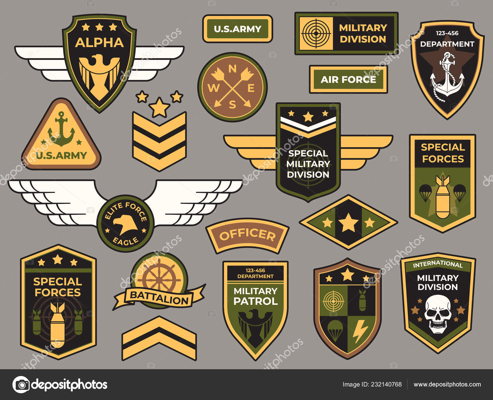 Army badges. Military patch, air force captain sign and paratrooper insignia  badge vector patches set Stock Vector by ©tartila.stock.gmail.com 232140768
